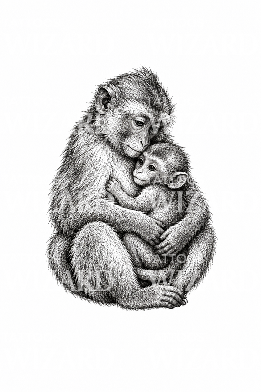 Mother Monkey Hugging Baby Tattoo Illustration