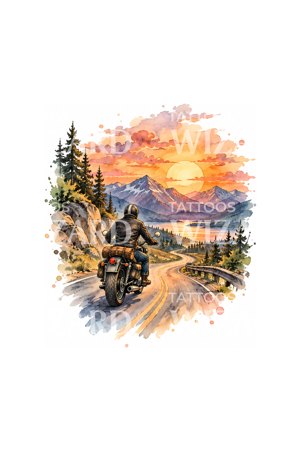 夕阳下山路上的摩托车纹身