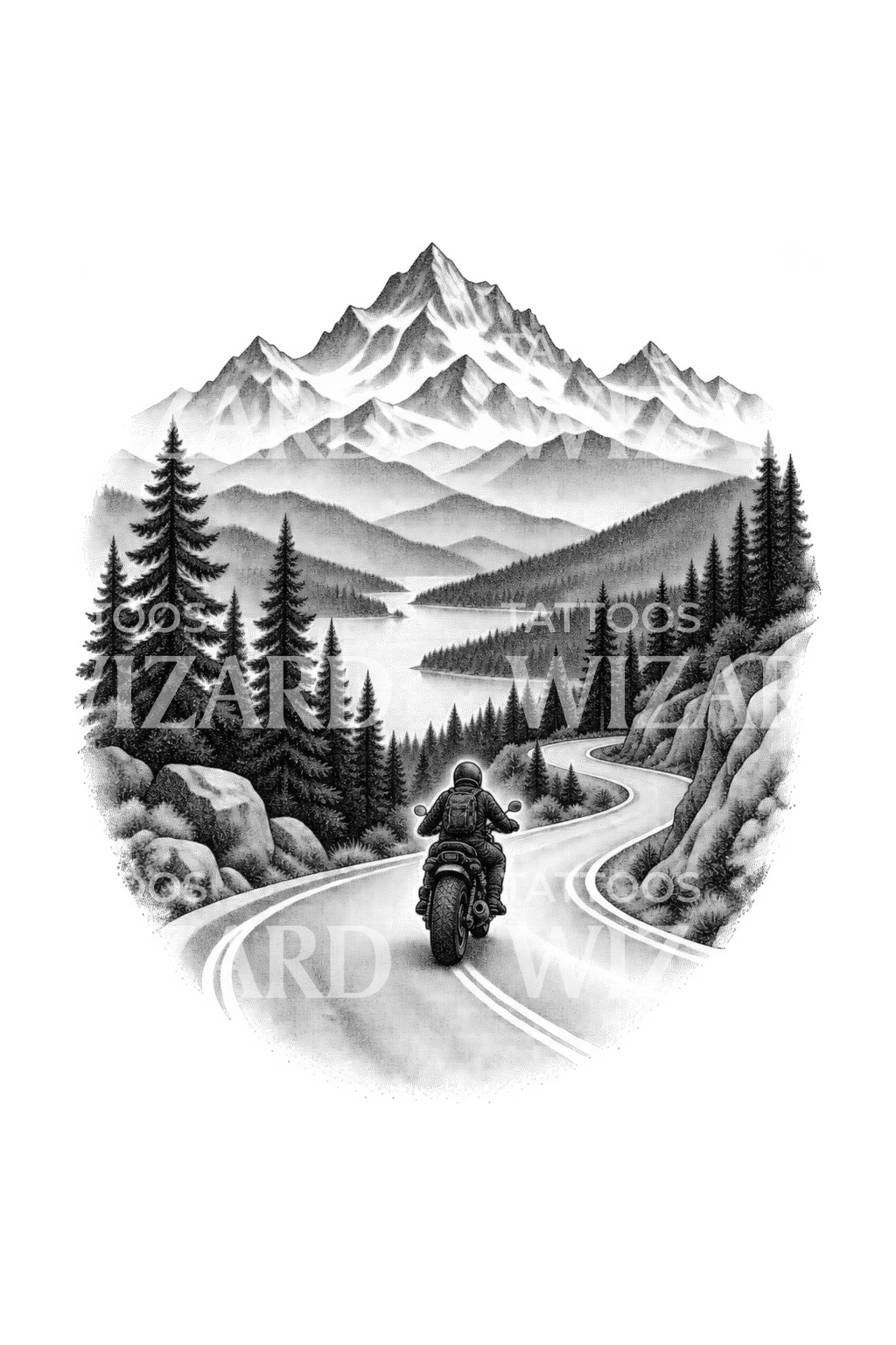 Motorcycle on a Mountain Road Dotwork Tattoo