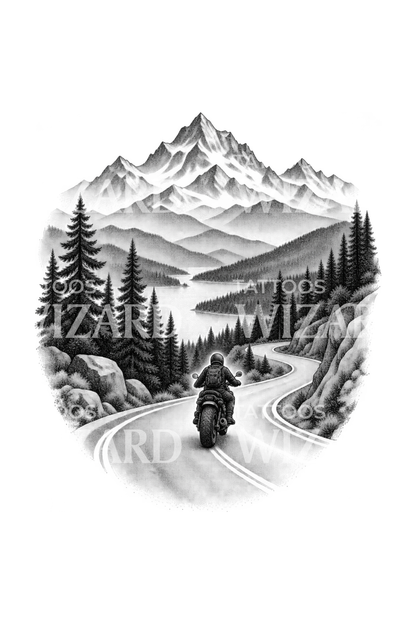 Motorcycle on a Mountain Road Dotwork Tattoo