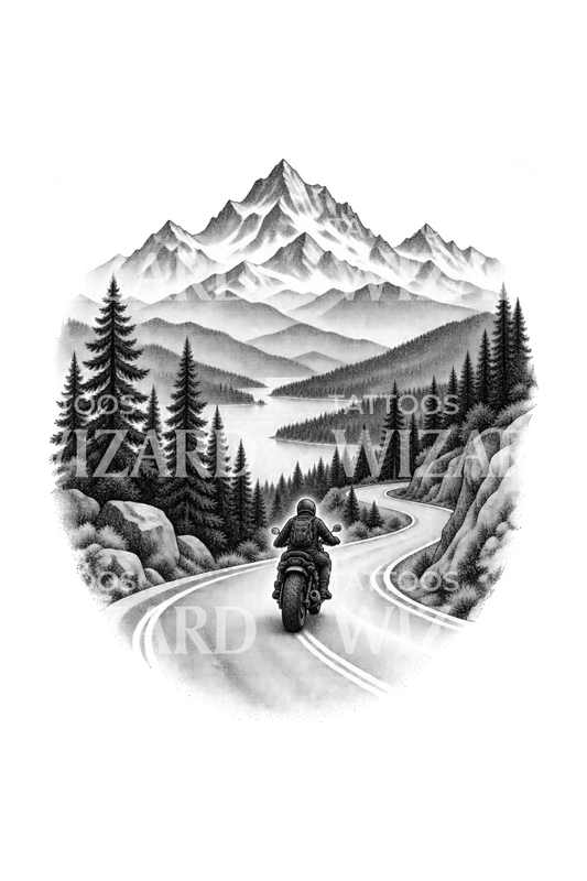 Motorcycle on a Mountain Road Dotwork Tattoo