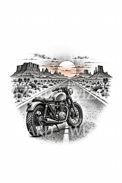 Motorsykkel på ørkenvei i solnedgang, dotwork-tatovering