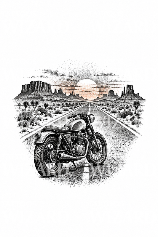 Motorsykkel på ørkenvei i solnedgang, dotwork-tatovering