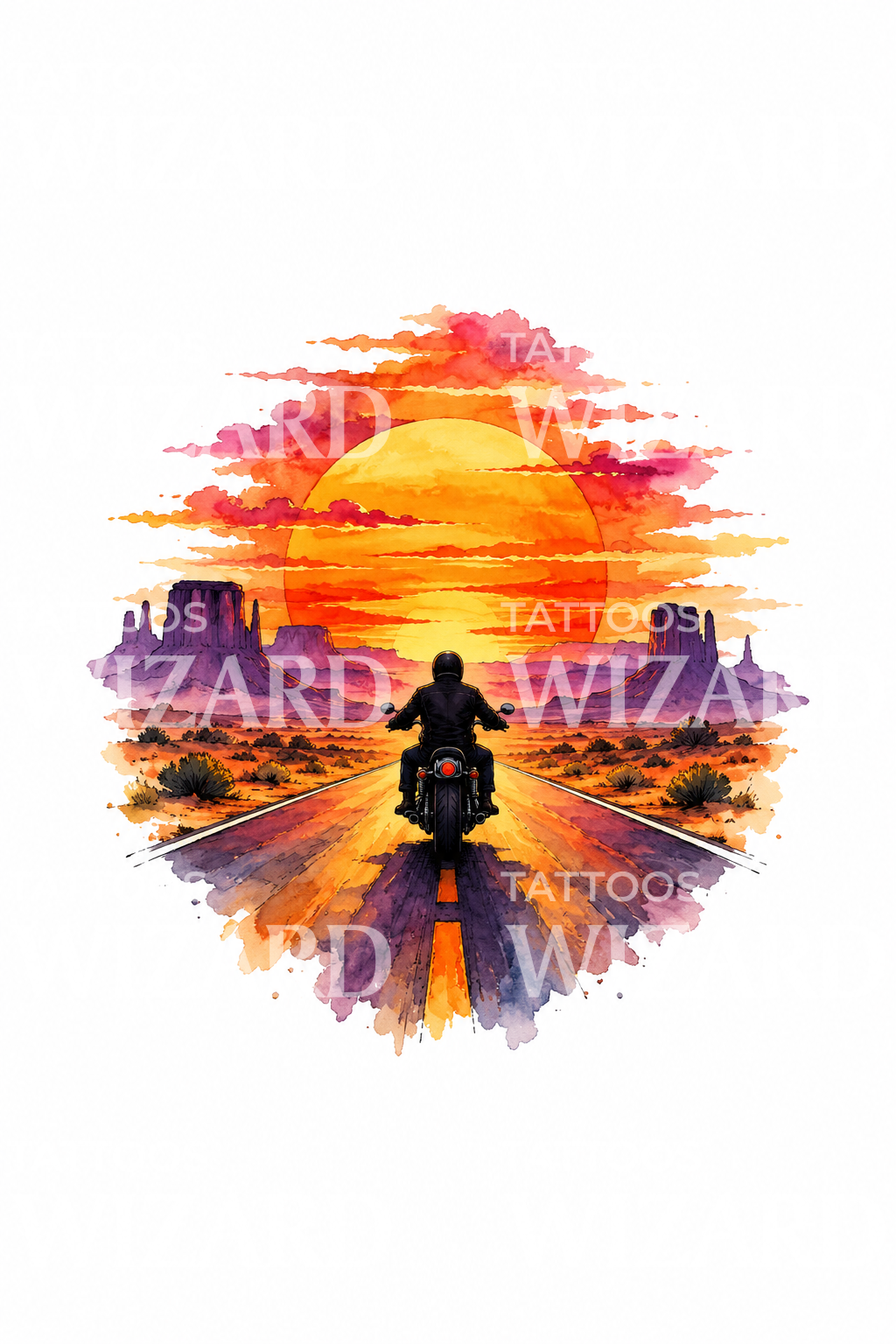 Disegno per tatuaggio di motociclista nel deserto al tramonto