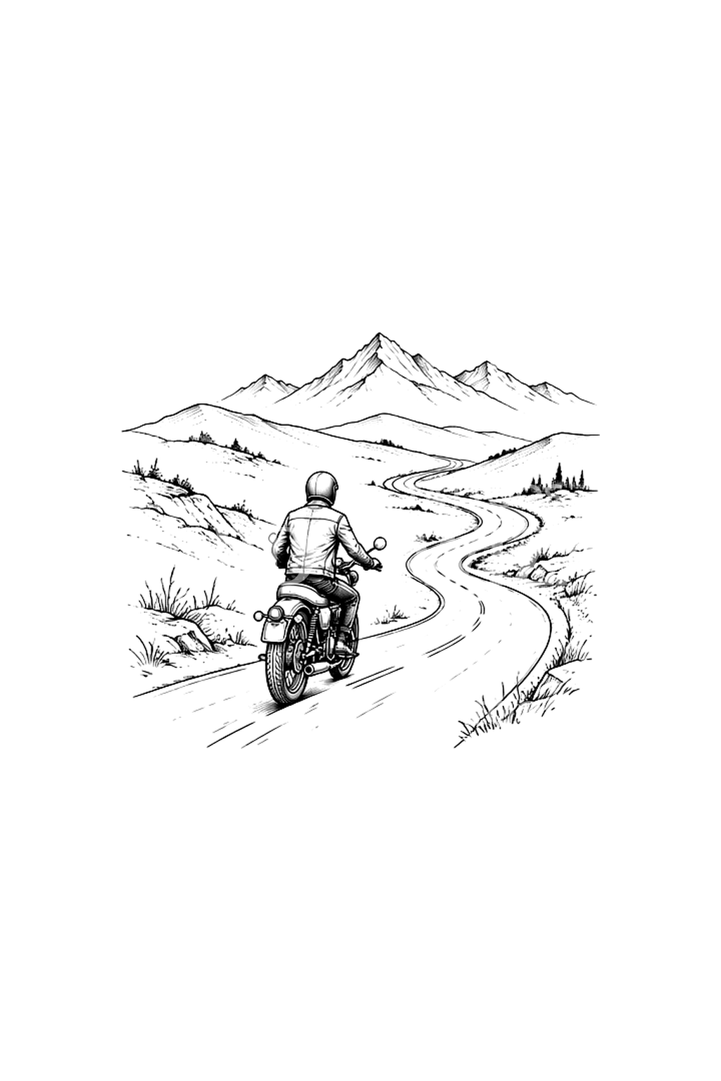 Motociclista su strada di montagna tortuosa, tatuaggio fine line