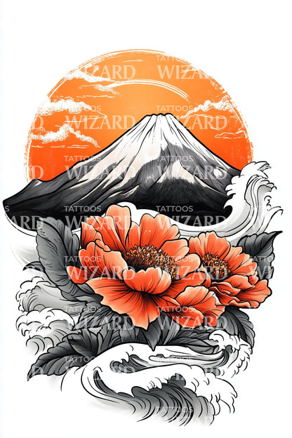 富士山牡丹纹身设计