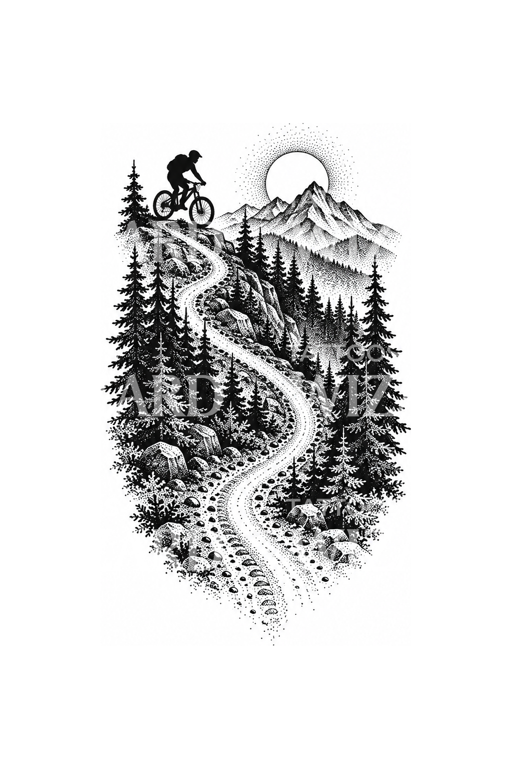 Tatuaggio dotwork di mountain bike sul sentiero nel bosco