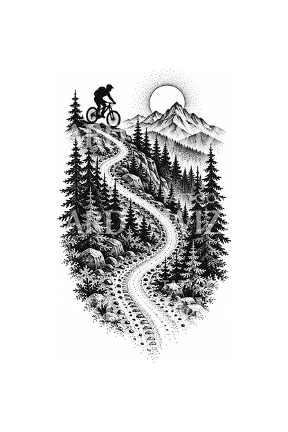 Tatuaggio dotwork di mountain bike sul sentiero nel bosco