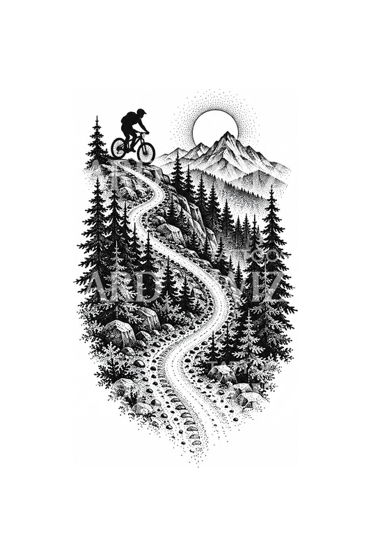 Tatuaggio dotwork di mountain bike sul sentiero nel bosco
