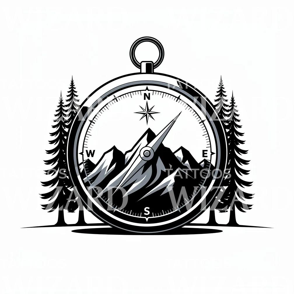 Mountain Compass Adventure Tattoo Design