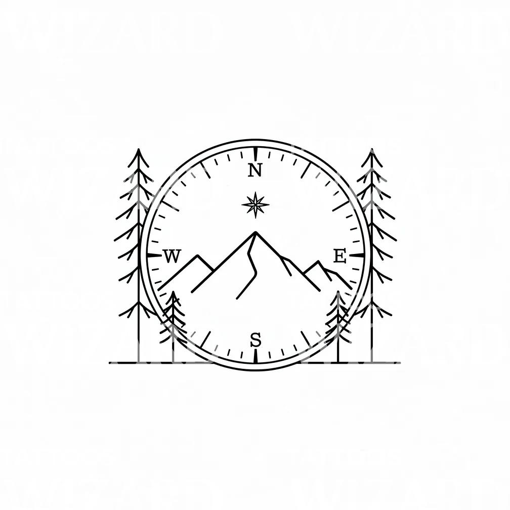 Mountain Compass Forest Tattoo Design
