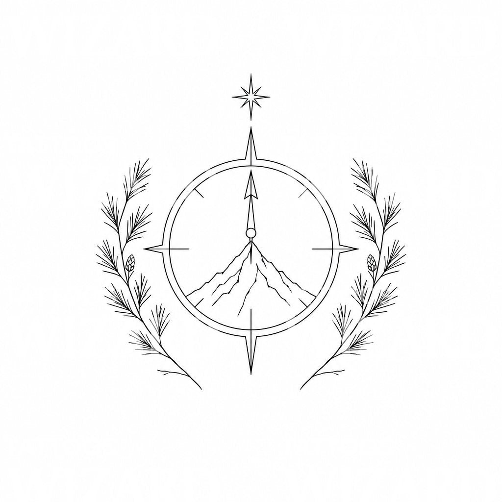 Design de tatuagem de bússola montanhosa e louro
