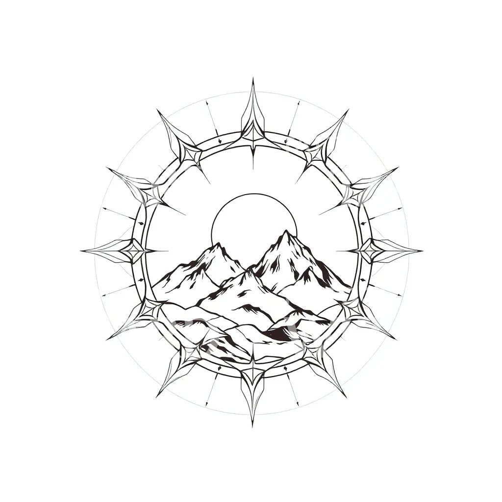 Mountain Compass Tattoo Design