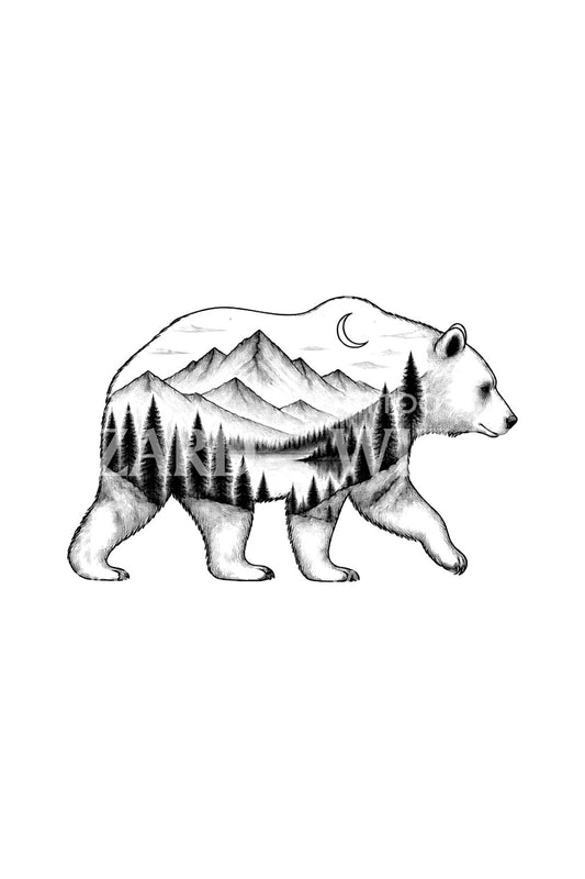 Mountain Forest Bear Silhouette Tattoo Design