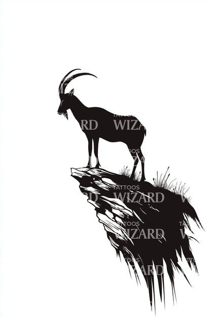 Mountain Goat Cliff Silhouette Tattoo Illustration