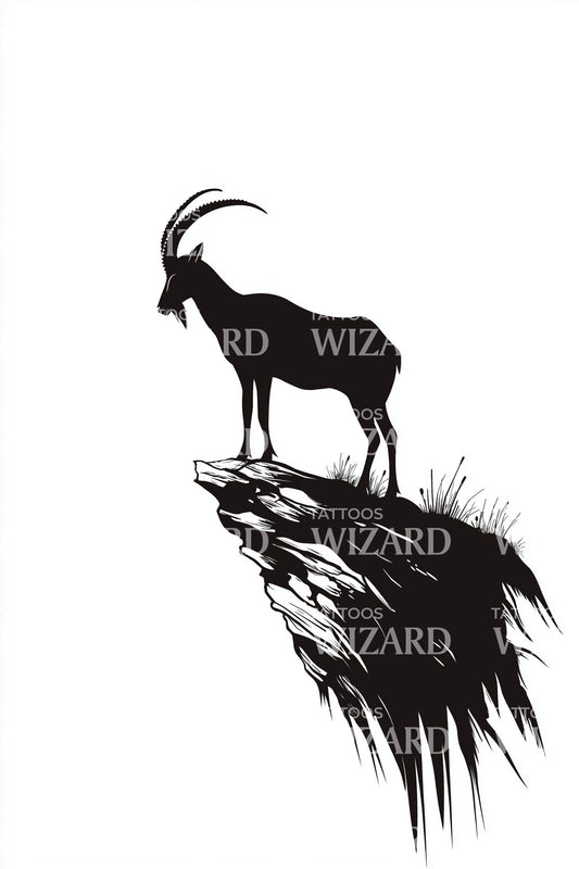 Mountain Goat Cliff Silhouette Tattoo Illustration