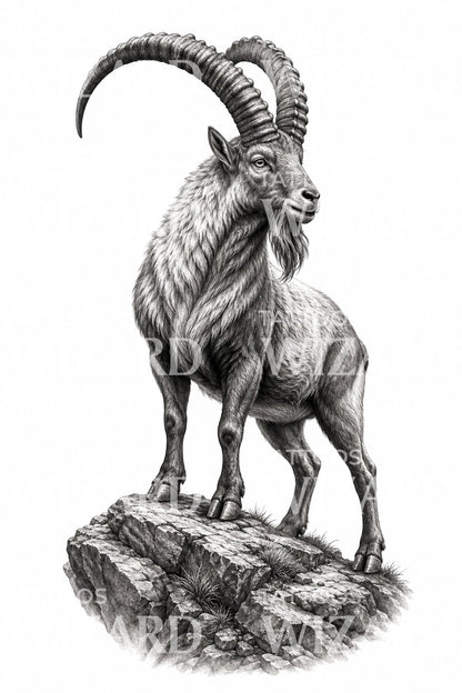 Mountain Ibex Black and Grey Tattoo Design