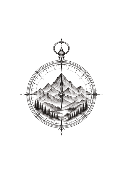 Mountain inside Compass Fine Line Tattoo