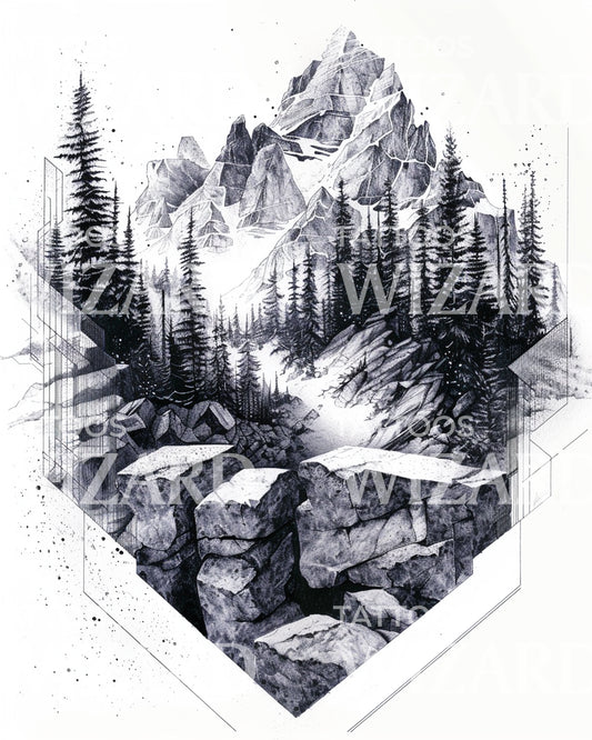 Mountain Landscape and Geometry Tattoo Design