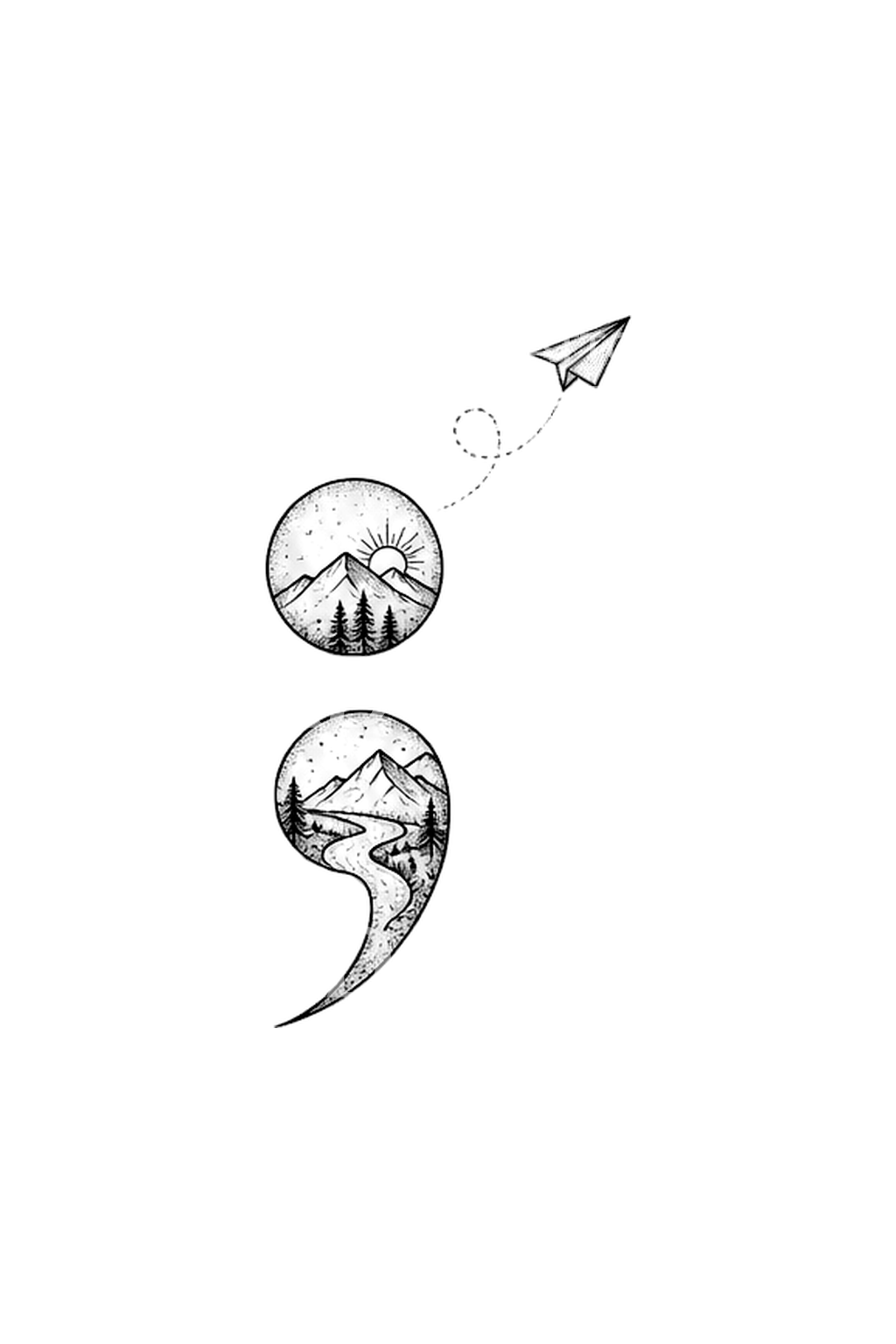 Fine-Line-Tattoo mit Berglandschaft, Papierflieger und Semikolon