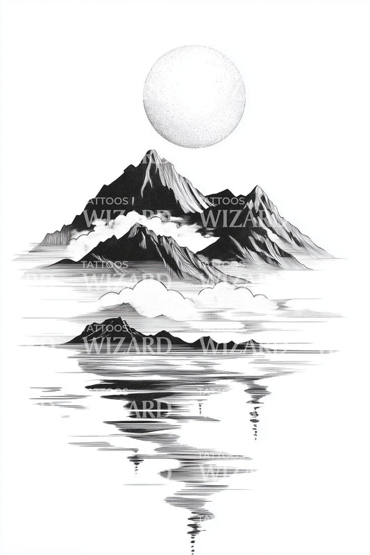 Diseño de tatuaje de paisaje con espejo de montaña
