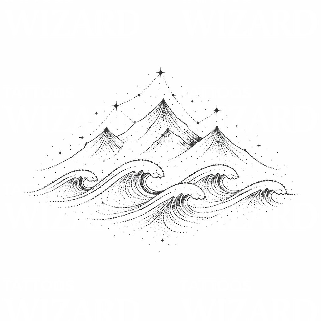 Mountain Waves Dotwork Tattoo Design