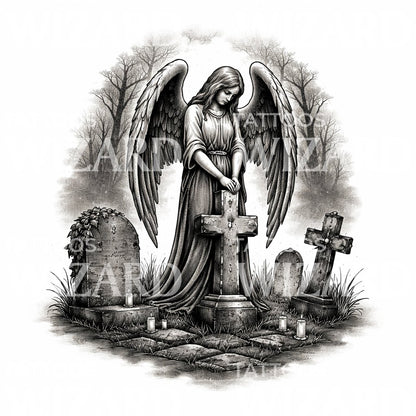 Trauernder Engel am Grab Tattoo-Design