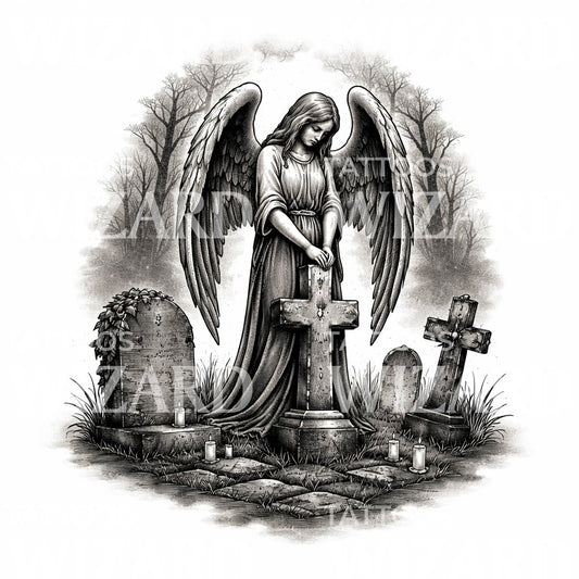 Mourning Angel Grave Tattoo Design