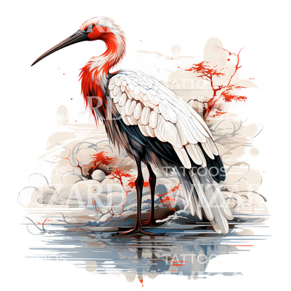 Traditional Japanese Ibis Bird Tattoo Design
