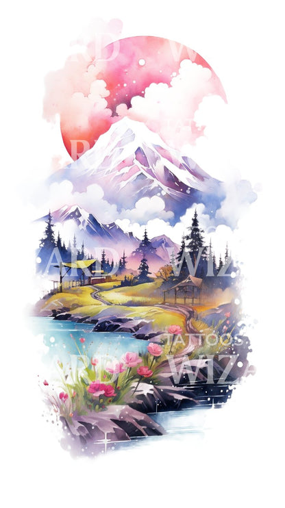Halfsleeve Watercolor Mountain Landscape Tattoo Design