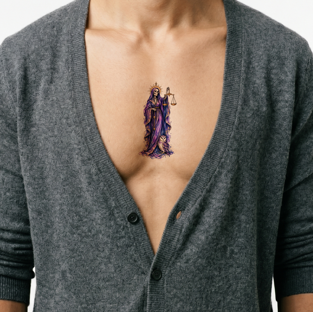 Santa Muerte mit Waage und Eule, Tattoo-Design