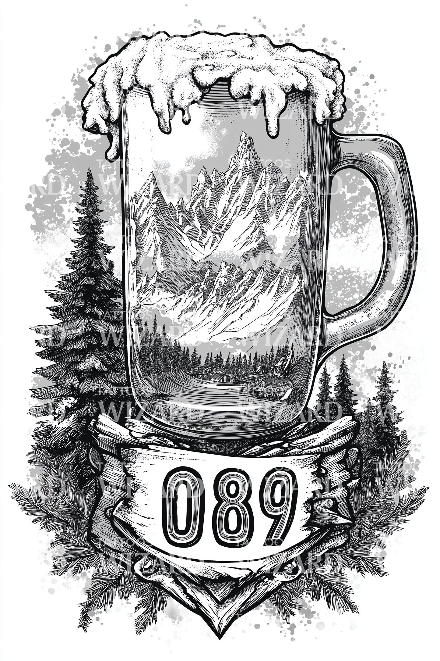 Munich 089 Alpine Beer Stein Tattoo Illustration