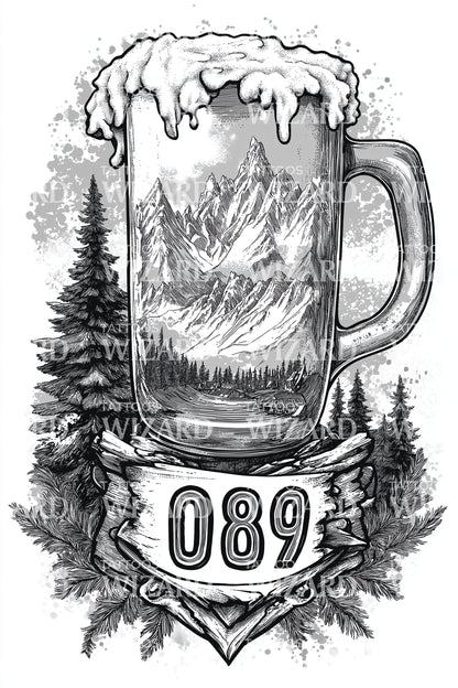 Munich 089 Alpine Beer Stein Tattoo Illustration