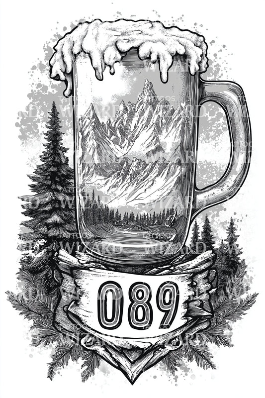 Munich 089 Alpine Beer Stein Tattoo Illustration
