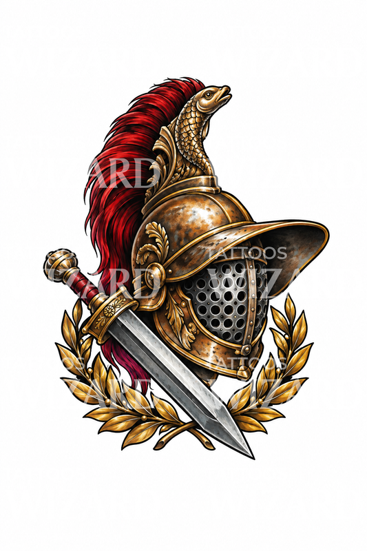 Murmillo Gladiator Helmet with Gladius and Laurel Tattoo