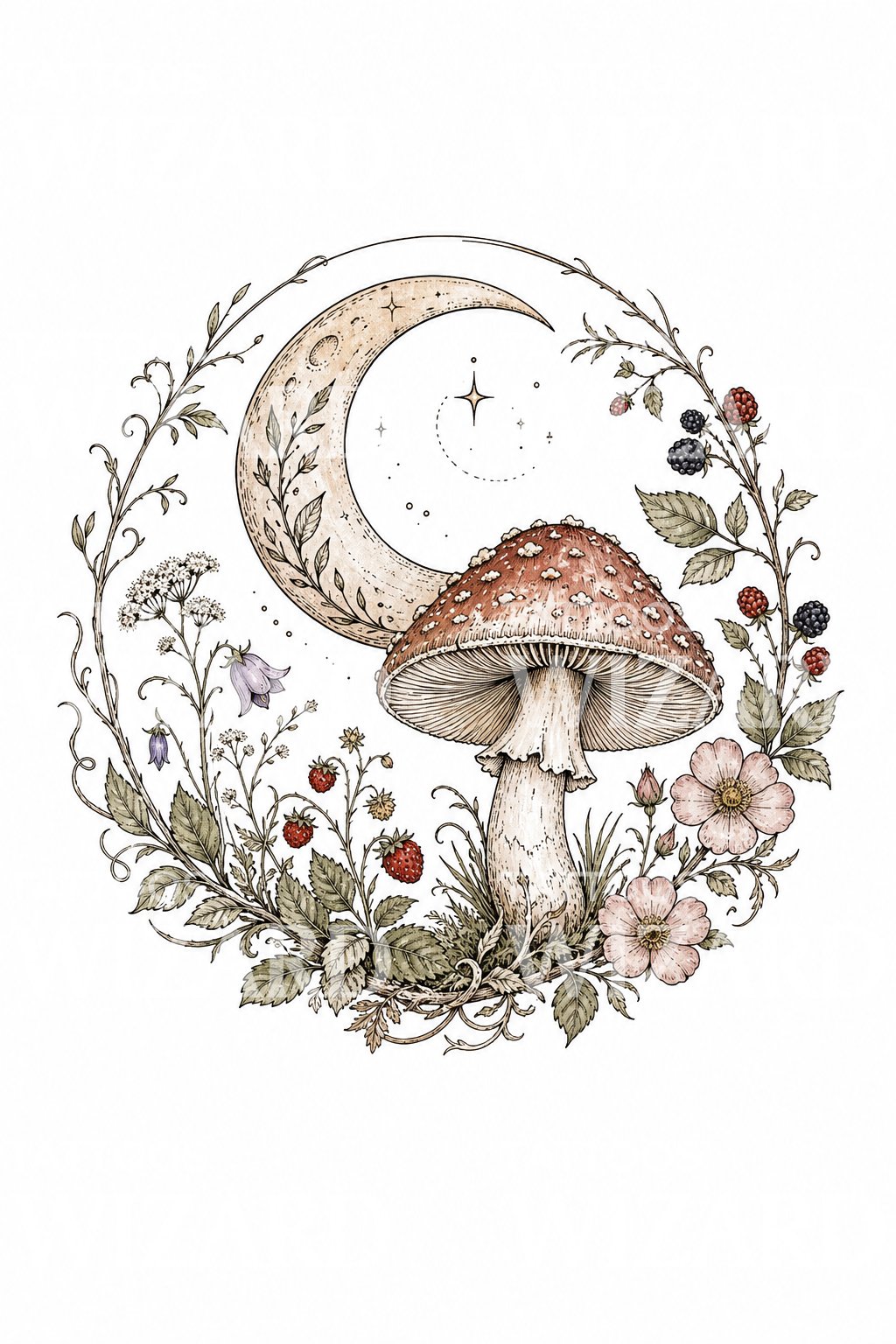 Mushroom and Moon Tattoo Design