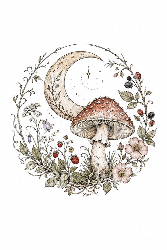 Mushroom and Moon Tattoo Design