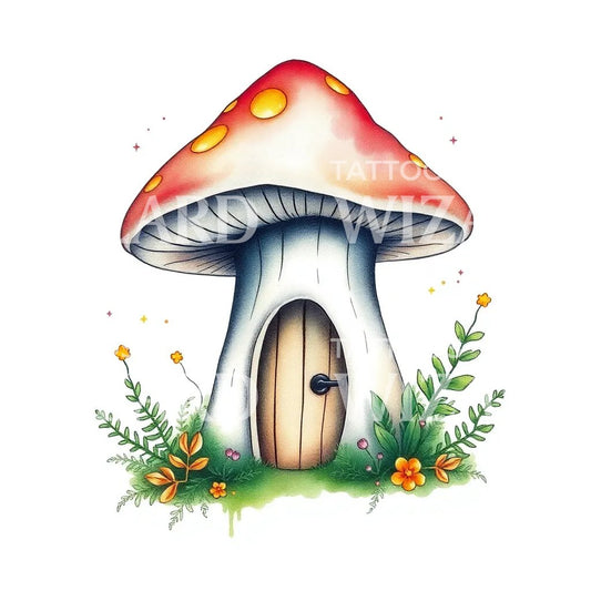 Mushroom Cottage Tattoo Illustration
