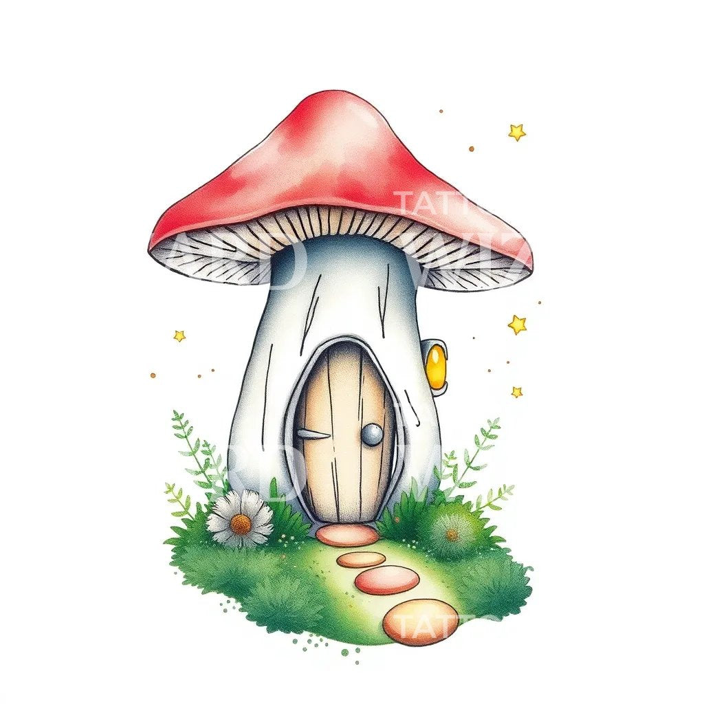 Mushroom Fairy House Tattoo Design