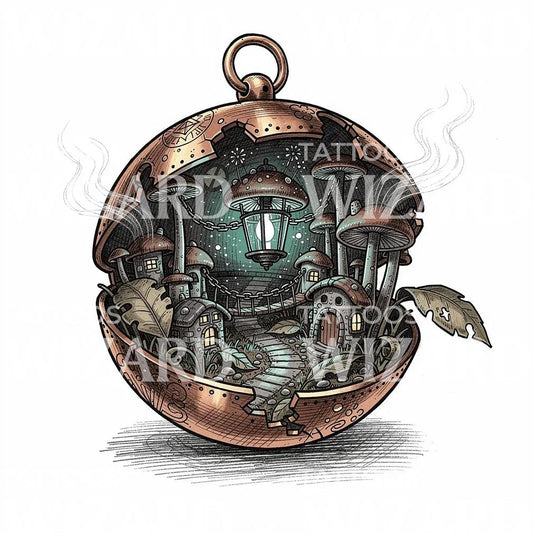 Mushroom Pocketwatch Village Tattoo Design