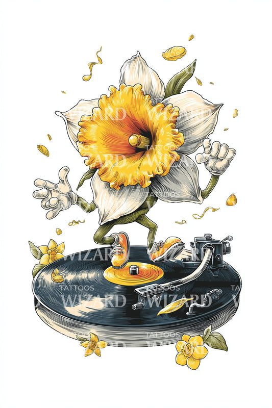 Design de Tatuagem Fonógrafo Flor de Música