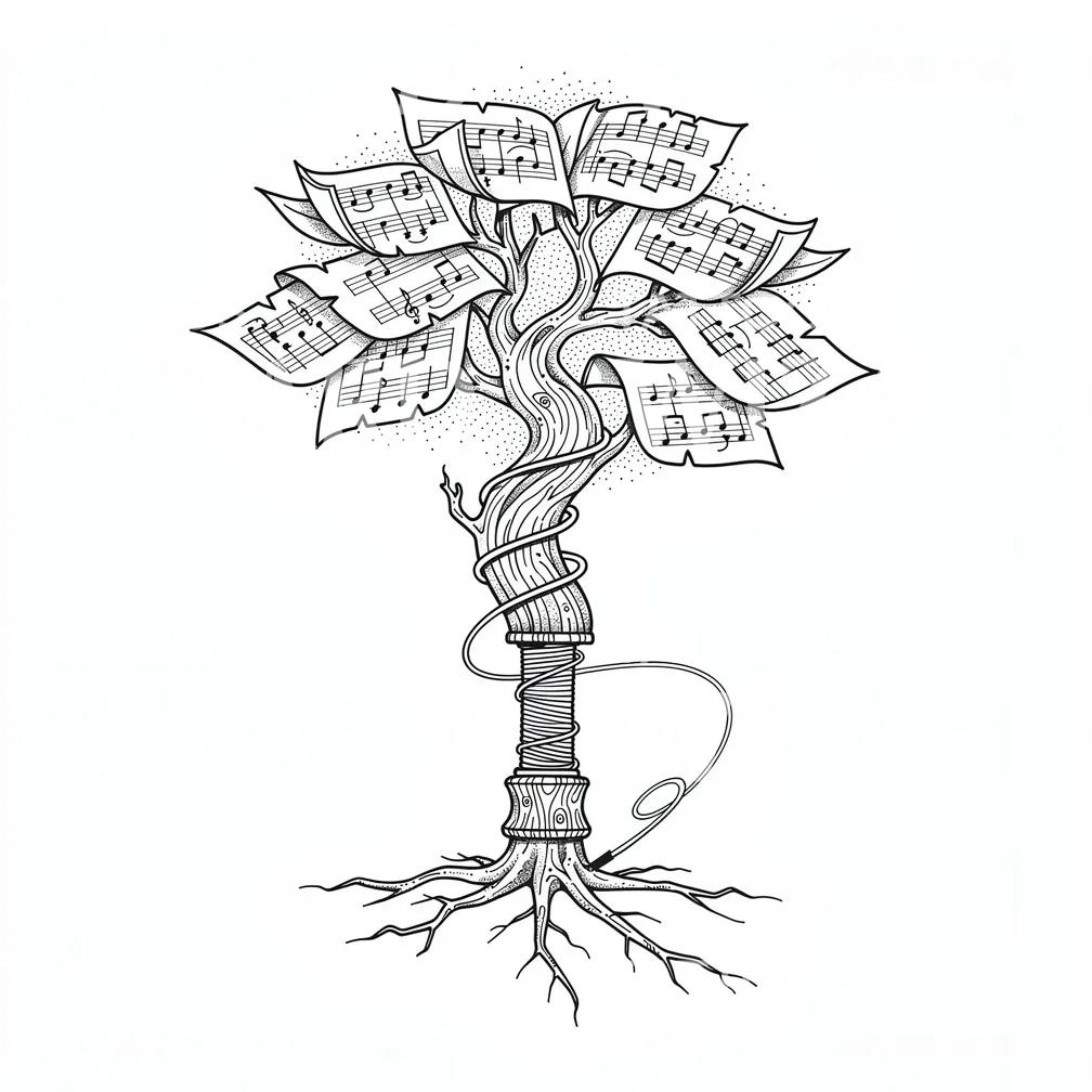 Music Sheet Tree Tattoo Design