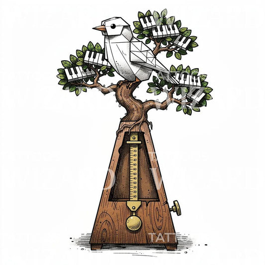 Metronom als Baum mit Vogel Tattoo Design