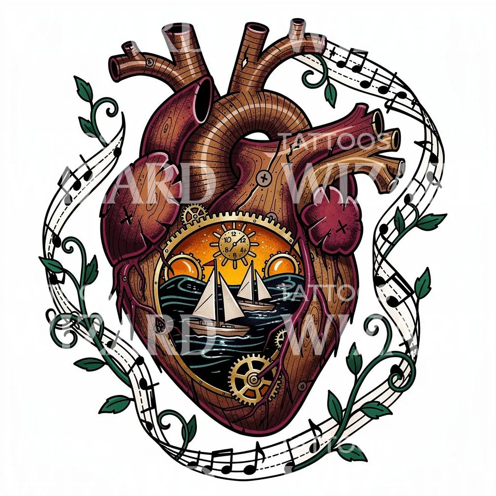 Desain Tato Hati Musikal Steampunk