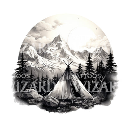 Native American Teepee Tente Landscape Tattoo Design
