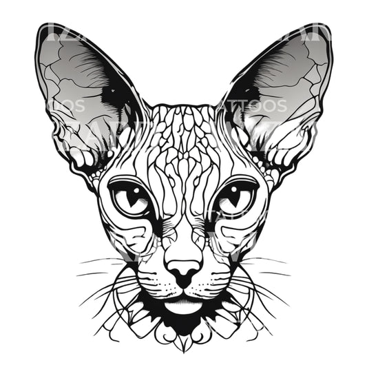 Devon Rex Cat Head with Patterns Tattoo Design