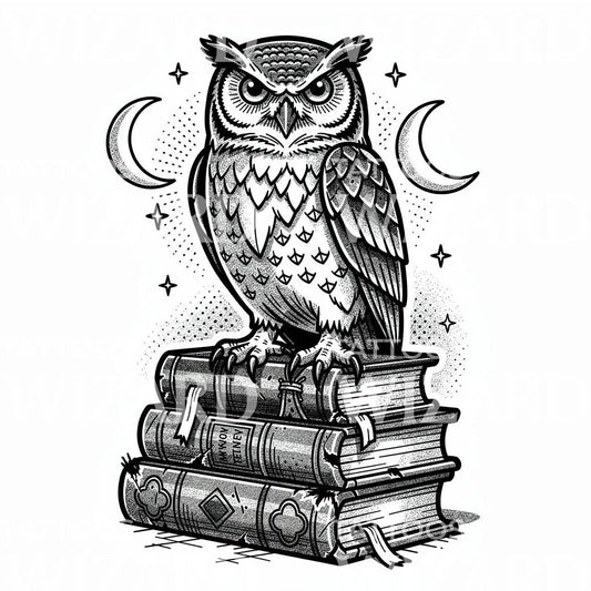 Mistyczna sowa w bibliotece projekt tatuażu