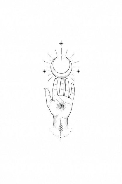 Mystic Palm Eye Crescent Tattoo Illustration