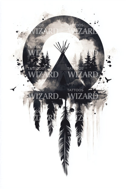 Mystic Teepee Night Tattoo Illustration