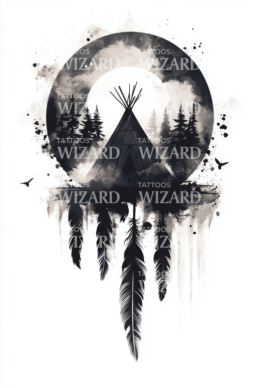 Mystic Teepee Night Tattoo Illustration
